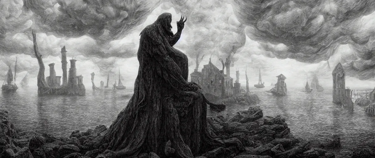 Image similar to an engraving of innsmouth dweller, lovecraftian atmosphere, mutant, fishman, caspar david friedrich, foggy, depth, strong shadows, stormclouds, illuminated focal point, highly detailed