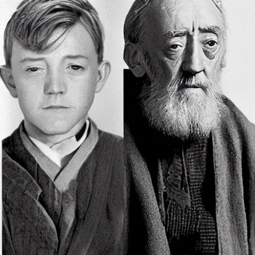 Image similar to a photo-story showing the young obi-wan's desire for plastic surgery to look more like alec guinness. we see obi-wan's regret in later life. there's too much detail and emotion here.