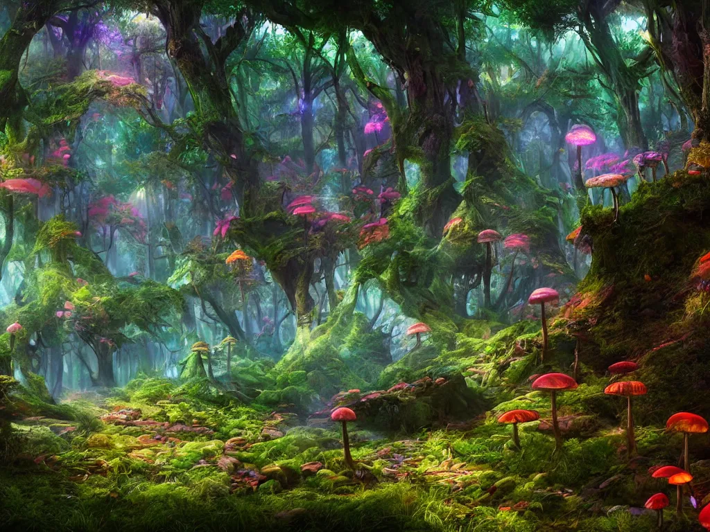 Image similar to a beautiful otherworldly fantasy landscape of a hidden forest with colorful mystical plants and huge psychedelic mushrooms as the trees, rendering, cryengine, vray render, cinema 4 d, cgsociety, bioluminescent