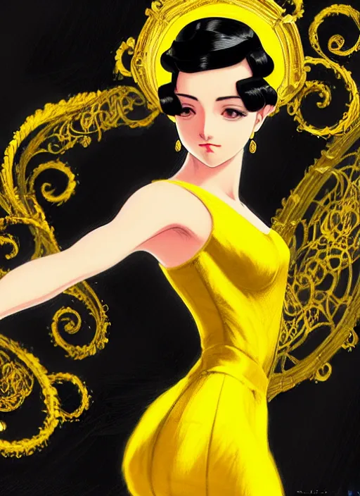 Image similar to a beautiful dancer in yellow with black hair in 1920's fashion, ballroom background, intricate, highly detailed, digital painting, artstation, official media, anime key visual, concept art, rich vivid colors, ambient lighting, sharp focus, illustration, art by Artgerm, Makoto Shinkai, Ilya Kuvshinov, Lois Van Baarle, and Rossdraws