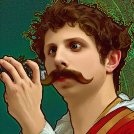 Image similar to a detailed portrait of michael cera as santa ana at the alamo, long twirling moustache, by alphonse mucha and arthur mucha, god rays, intricate detail, cinematic, 8 k, featured on artstation, pixiv