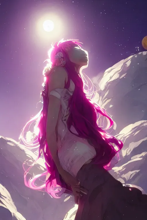 Image similar to A beautiful woman with magenta hair covering her face basking in the moonlight on an obsidian crystal bed below planets, tall tree, cinematic lighting, dramatic atmosphere, by Dustin Nguyen, Akihiko Yoshida, Greg Tocchini, Greg Rutkowski, Cliff Chiang, 4k resolution, trending on artstation