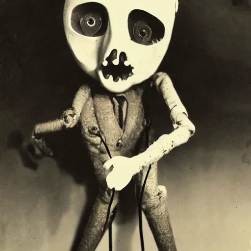 Image similar to creepy marionette puppet, clockwork horror, pediophobia, lost photograph, forgotten, final photo found before disaster, polaroid,