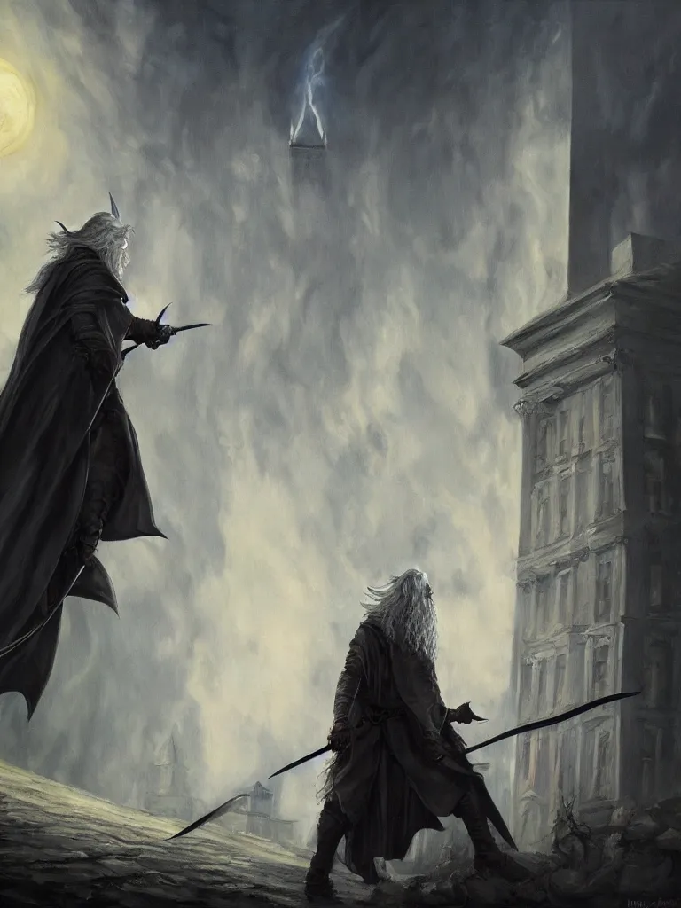 Prompt: gandalf attacks the white house, epic dark fantasy horror stylized oil painting by ivan shiskin. trending on artstation