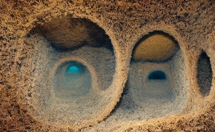 Prompt: sponge with many tunnels inside each hole, tunnels lead to different worlds, surreal, detailed, high definition, mysterious, wide shot, surrealist depiction of a normal sponge,