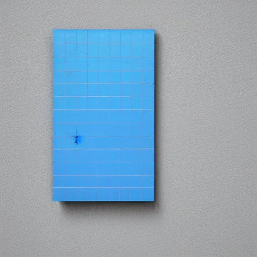 Image similar to a piece of cardboard with a grid of blue tape on it leaning on a gray wall, realistic painting