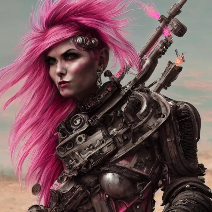 Image similar to beautiful apocalyptic woman with pink Mohawk, standing on mad max panzer tank, 4k ultra hd, fantasy dark art, tank girl, artstation, octane render, elegant, detailed digital painting