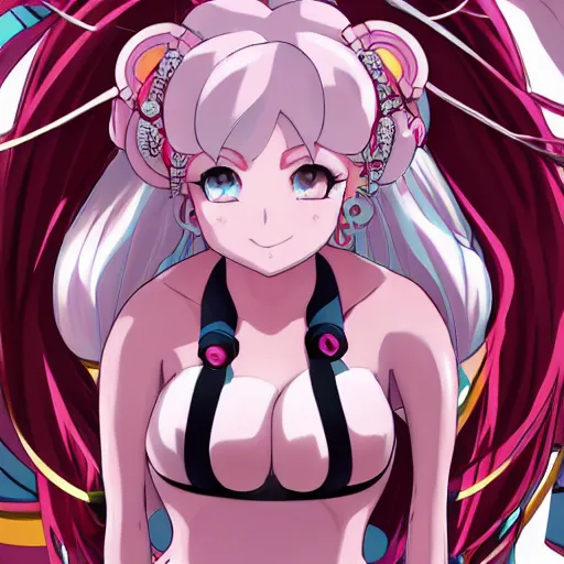 Image similar to stunningly beautiful omnipotent megalomaniacal anime goddess who looks like junko enoshima with symmetrical perfect face and porcelain skin, pink twintail hair and mesmerizing cyan eyes, looking down upon the viewer and taking control while smiling in a mischievous way, mid view from below her feet, hyperdetailed, 2 d anime, 8 k