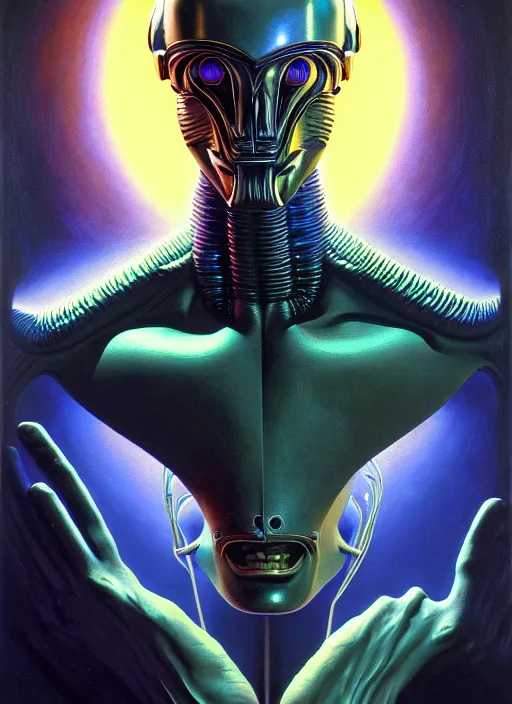 Prompt: cinematic bust portrait of psychedelic cyborg, head and chest only, exotic alien features, Tim Hildebrandt, Wayne Barlowe, Bruce Pennington, donato giancola, larry elmore, oil on canvas, masterpiece, trending on artstation, featured on pixiv, cinematic composition, dramatic pose, beautiful lighting, sharp, details, hyper-detailed, HD, HDR, 4K, 8K