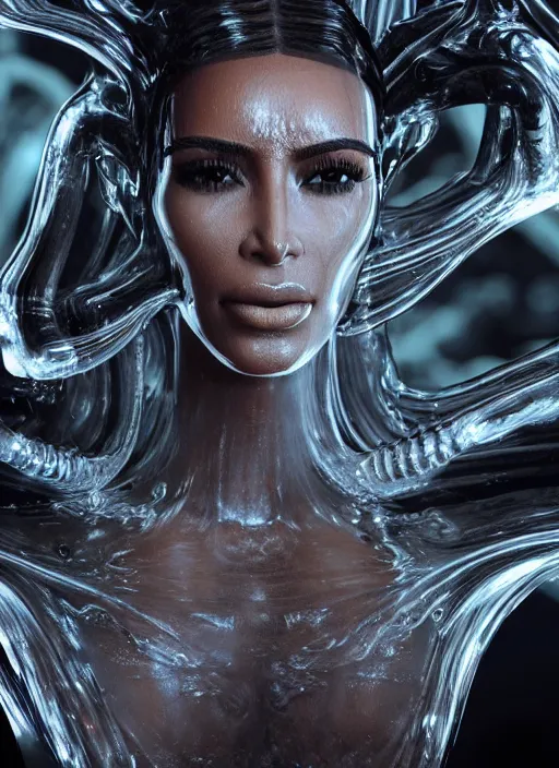 Image similar to epic still of kim kardashian trapped in a transparent alien liquid, wet flowing hair, gooey skin, illustration, unreal engine 5, 8 k, made by h. r. giger.