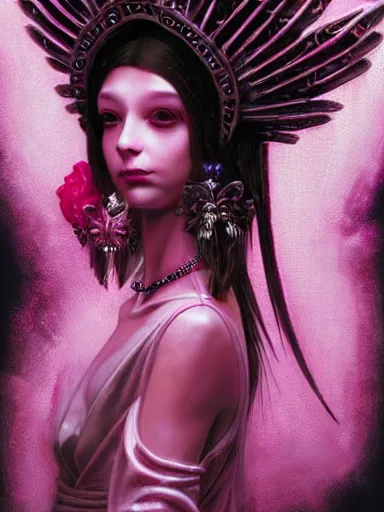 Prompt: pink portrait of beautiful female angel queen Lisa head wearing shiny pink crown, subtle purple accents, hyper details, black metal rococo, sculpted by Alex Alice, Craig Mullins, yoji shinkawa, trending on artstation, beautifully lit, Peter mohrbacher, hyper detailed, insane details, intricate, elite, elegant, luxury, ray of light through smoke, CGsociety, hypermaximalist, blackpink, golden ratio, volumetric, octane render, weta digital, micro details, 3d sculpture