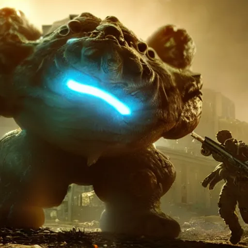 Image similar to Venusaur in gears of war, splash art, movie still, detailed face, photorealistic facial features, cinematic lighting, dramatic, octane render, long lens, shallow depth of field, bokeh, anamorphic lens flare, 8k, hyper detailed, 35mm film grain