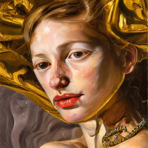 Image similar to high quality high detail painting by lucian freud, hd, girl portrait with a lot of gold and jewelry, photorealistic lighting
