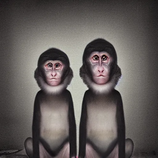 Image similar to two macaques looking at each other inside victorian mansion, digital art, soft shadows, creepy art, flare effect