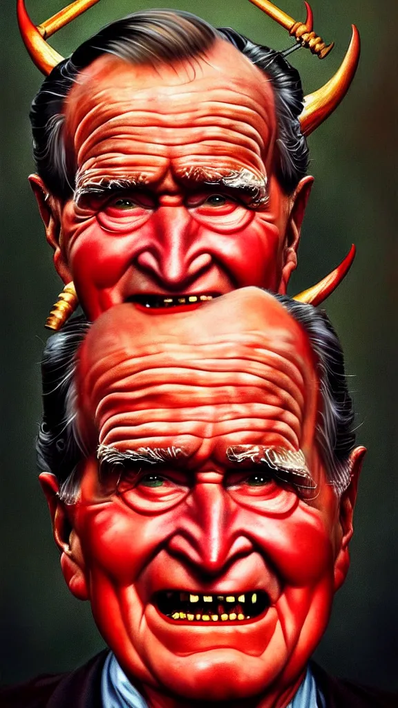 Image similar to demonic george hw bush with red horns, painting in the style of norman rockwell, 1 9 5 0 s, evil, satan, devil, demonic, demon, hyperrealistic, photorealistic, award - winning, 4 k, ultra hd, artstation, intricate, highly detailed, american, usa, dark, gritty