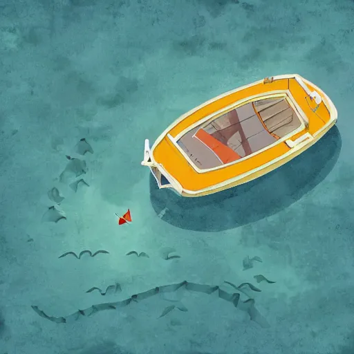 Image similar to top down view of a small boat in the middle of the ocean, with a giant sea monster swimming up underneath the boat, digital painting,