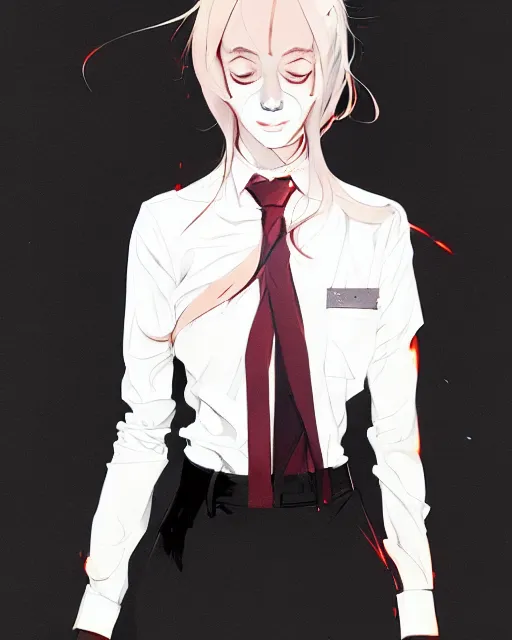 Image similar to a ultradetailed full body portrait of a woman dressed in a white shirt with a tie, by conrad roset, greg rutkowski and makoto shinkai trending on artstation