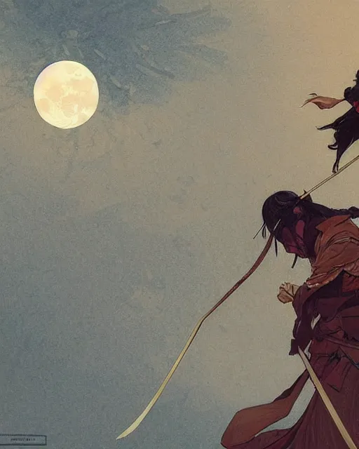 Image similar to '' Illustration a samurai breaking its chains, (night), (moon in the background), digital painting, artstation, concept art, sharp focus, illustration, art by greg rutkowski and alphonse mucha ''