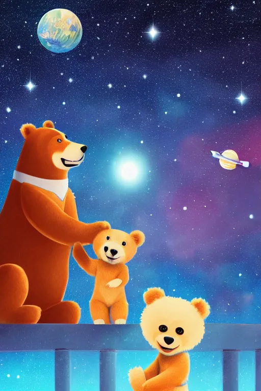 Image similar to a beautiful dog in pajamas and a bear, next to them a ship in the form of a space rocket in the background a galaxy full of stars, a planet full of holes, magic world. colorful, fantasy, pixar, children's book cover, high detail illustration, sharp high detail, manga and anime