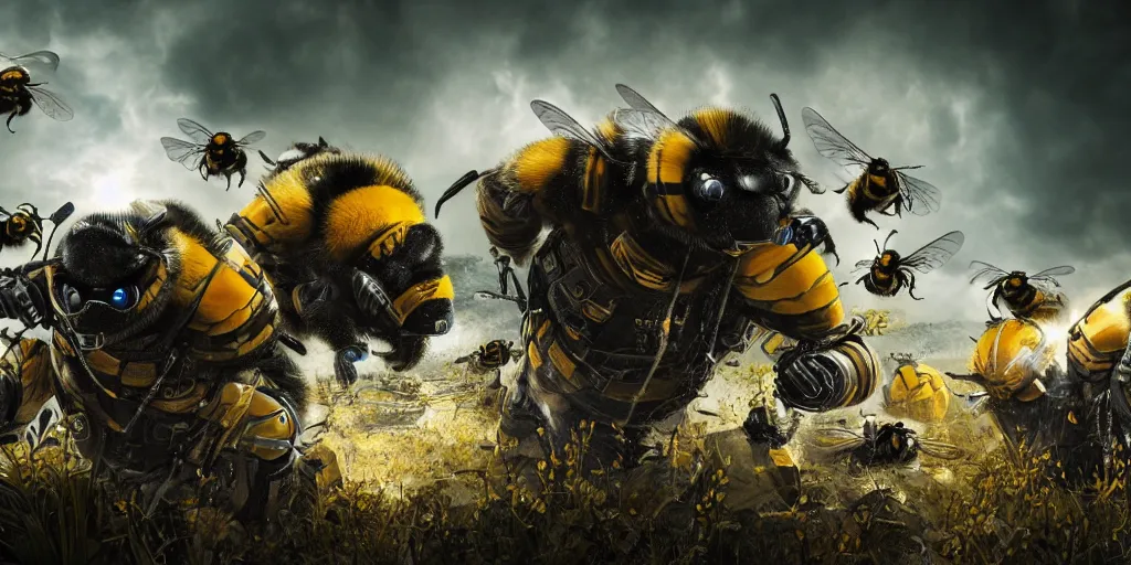 Prompt: Bumblebees going to war, realistic 4k octane beautifully detailed render, 4k post-processing, highly detailed, intricate complexity, epic composition, magical atmosphere, cinematic lighting, masterpiece, ultra hd