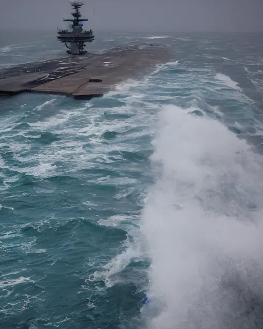 Prompt: view from an aircraft carrier of stormy seas, stormy weather, ultrawide shot, 16mm lens