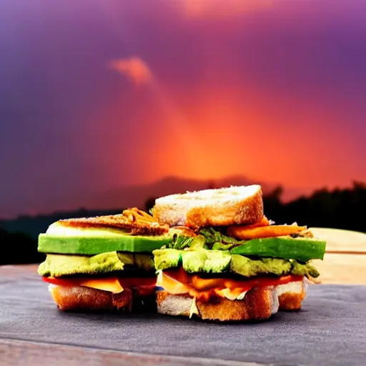 Prompt: sandwich with fried tofu, one tomato slice, one onion ring, avocado and melted cheddar, over a dish and over a table, with a sunset and rainbow in the background with saturn and stars in the sky