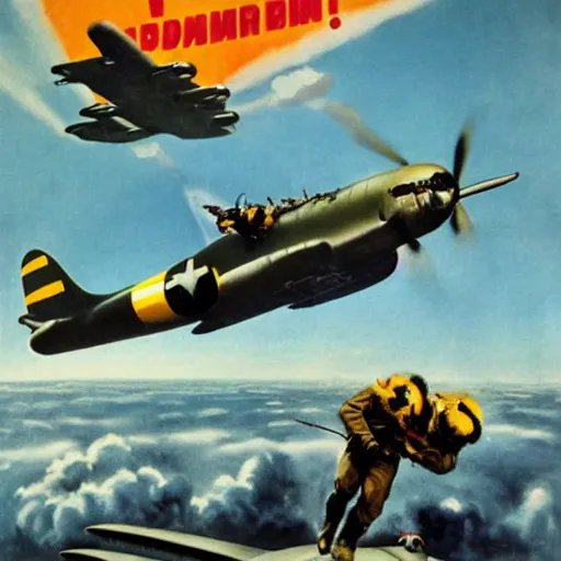 Prompt: a bumblebee painted b 2 9 bomber drops a bomb onto a sleeping soldier, ww 2 propaganda poster, highly detailed, no text