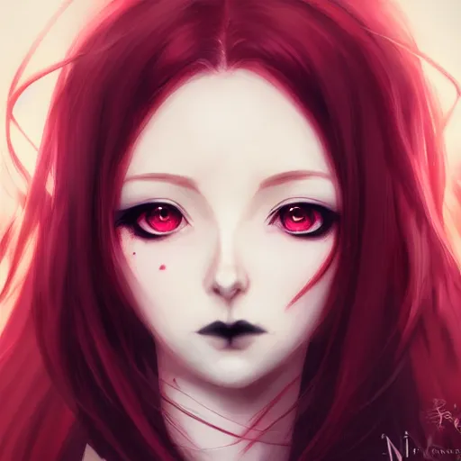 Image similar to facial portrait of a young pretty anime woman, long red hair, dark eyes, gothic eyeliner, character concept art, headshot, Charlie Bowater, Anna Dittmann, WLOP, Rumiko Takahashi, Akihiko Yoshida, Hyung-tae Kim, alexander mcqueen, trending on Artstation