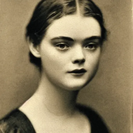 Image similar to headshot edwardian photograph of middle - aged elle fanning, realistic face, 1 9 0 0 s, 1 9 1 0 s, 1 9 2 0 s, grainy, victorian, detailed, slightly blurry