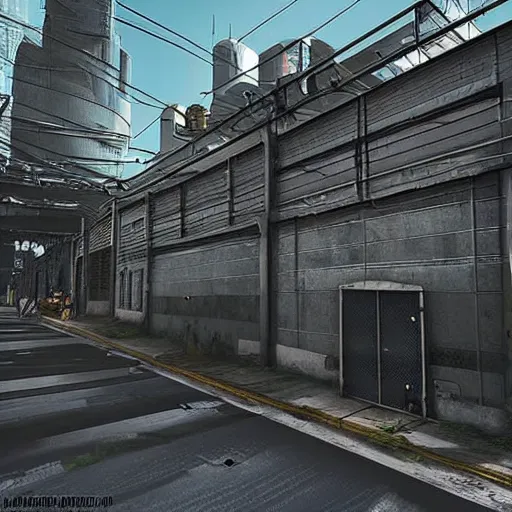 Image similar to “large walled off industrial building. guarded with enemies. Street level. 2077 Photomode in the architectural style of Neo-Tokyo. 8k ”