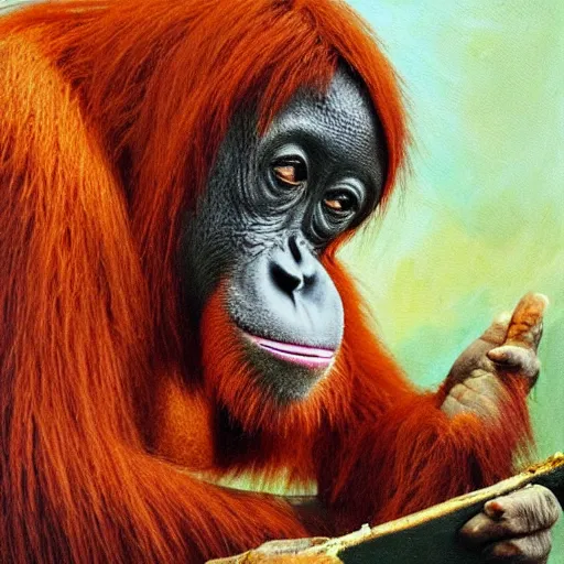 Image similar to orangutan wizard casting a spell and holding a spellbook, oil painting, magic