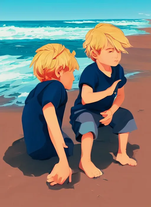 Image similar to two little boys with tousled blonde hair sitting on a beach. clean cel shaded vector art. shutterstock. behance hd by lois van baarle, artgerm, helen huang, by makoto shinkai and ilya kuvshinov, rossdraws, illustration, art by ilya kuvshinov