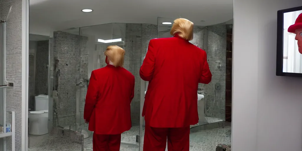 Image similar to ultra wide angle photo of donald trump looking at himself in a bathroom mirror and seeing his reflection dressed as willy wonka and is surrounded by dwarf donald trump like oompa loompas