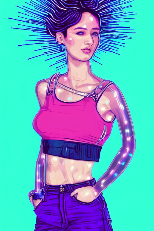 Image similar to a award winning half body portrait of a beautiful woman in a croptop and cargo pants with ombre purple pink teal hairstyle and hands in pockets by ari liloan, surrounded by whirling illuminated lines, outrun, vaporware, shaded flat illustration, digital art, trending on artstation, highly detailed, fine detail, intricate