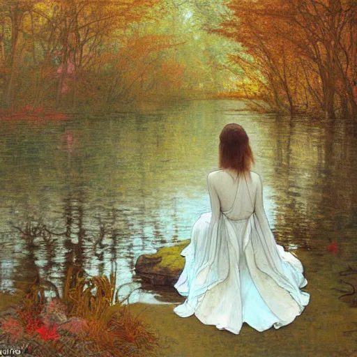 Prompt: a beautiful painting of the back view of a young lady in white dress sitting by the river in a grown forest, looking at her reflection on the water, sunlight reflected on the river, autumn, Mucha, Moebius, Mohrbacher