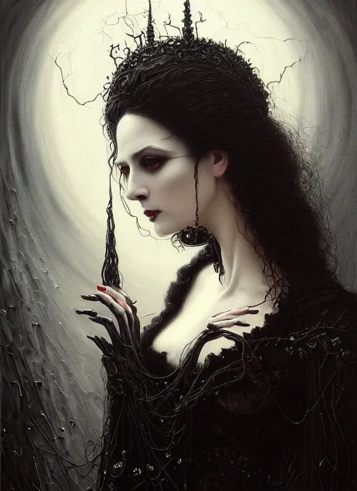 Image similar to highly detailed oil painting | very intricate | cinematic lighting | black, white and blood color scheme, dark background | portrait of a exquisite beautiful vampire old woman with long elegant tangles of black hair, eyes, gothic fog ambience, hyper realistic head, fantasy victorian art, in the style of greg rutkowski, zdizslaw beksinski, intricate, alphonse mucha