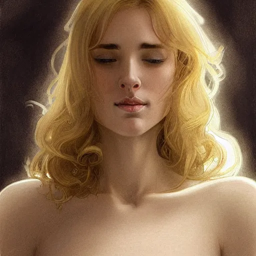 Prompt: A pregnant blond woman with closed eyes smiling, very detailed sharp angular masculine face, hooked nose and square jaw long fluffy curly blond hair, (12x) extremely pale white skin, light blond hair, gorgeous, beautiful, intricate, highly detailed, digital painting, artstation, concept art, sharp focus, illustration, art by greg rutkowski and alphonse mucha