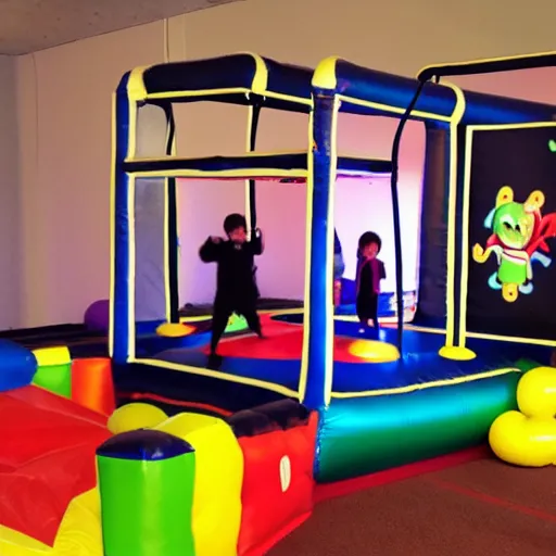 Image similar to a darkly lit indoor children's bounce house photo taken with a deposable camera limital space