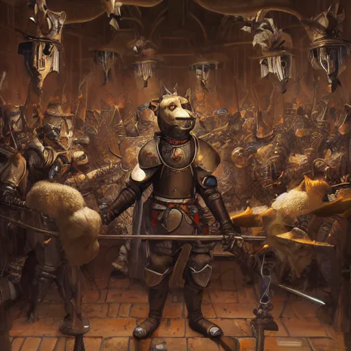 Image similar to knight bones armor, anthropomorphic shiba inu, in tavern, surrounded by knights, stuning 3 d render, masterpiece, glowing aura, by donato giancola and greg rutkowski and wayne barlow and zdzisław beksinski, realistic face