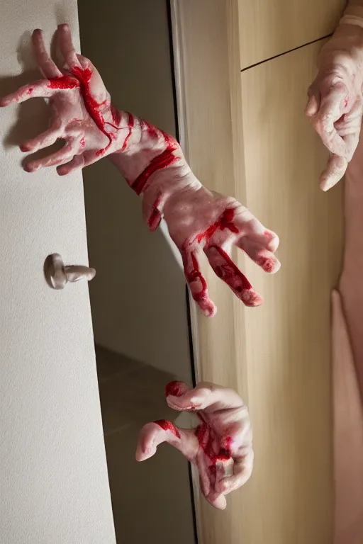 Image similar to many hands and arms coming from behind bathroom door, korean horror film