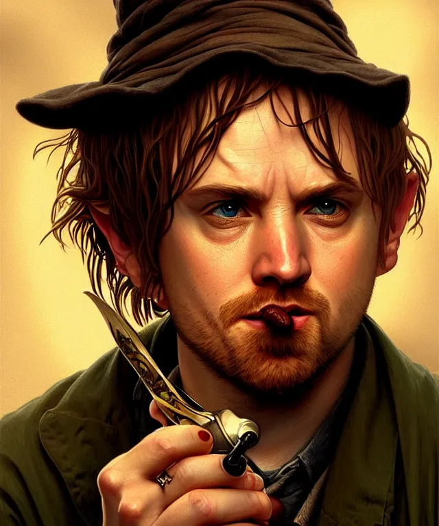 Prompt: portrait hobbit jesse pinkman, smoking a pipe, caricature, headshot, highly detailed, digital painting, artstation, concept art, sharp focus, cinematic lighting, illustration, art by met mangindaan, artgerm and greg rutkowski, alphonse mucha, cgsociety