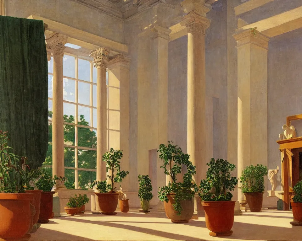 Prompt: an achingly beautiful print of the interior of an ancient art museum with vibrant paintings and classical antiquities on display, and small potted plants by Raphael, Hopper, and Rene Magritte. detailed, romantic, enchanting, trending on artstation.