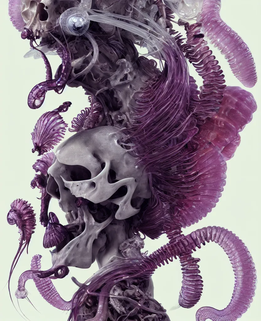 Image similar to goddess close-up portrait ram skull, thorax, x-ray, backbone, jellyfish phoenix head, nautilus, orchid, skull, betta fish, bioluminiscent creatures, intricate artwork by Tooth Wu and wlop and beeple. octane render, trending on artstation, greg rutkowski very coherent symmetrical artwork. cinematic, hyper realism, high detail, octane render, 8k