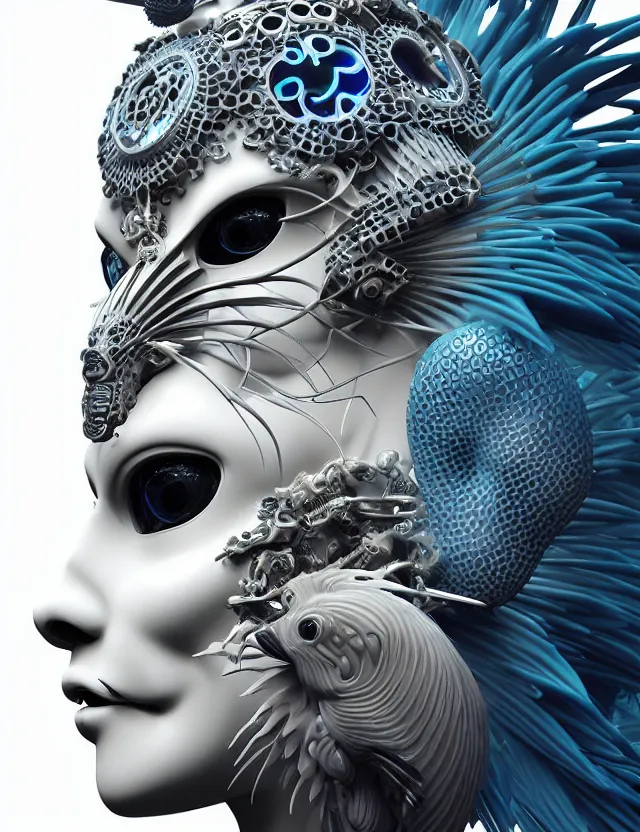 Image similar to 3 d goddess close - up profile simple portrait cybernetic with skull. beautiful intricately detailed japanese crow kitsune mask and clasical japanese kimono. betta fish, jellyfish phoenix, bio luminescent, plasma, ice, water, wind, creature, artwork by tooth wu and wlop and beeple and greg rutkowski