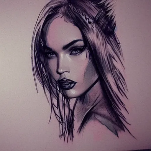 Image similar to tattoo design sketch with double exposure effect, megan fox face blended with beautiful mountain scenery, in the style of matteo pasqualin, amazing detail, mash up