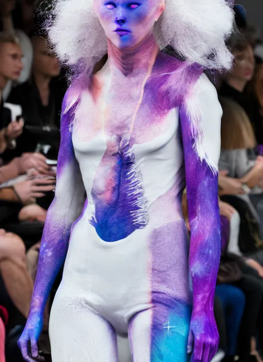 Image similar to hyperrealistic and heavy detailed off white avant garde runway show of thanos ( marvel comics ), leica sl 2 5 0 mm, vivid color, high quality, high textured, real life