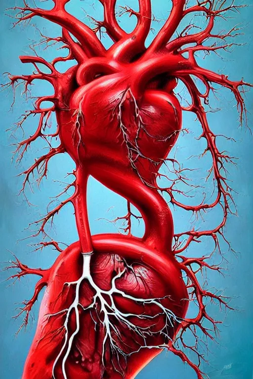 Prompt: Human Heart, hyper-realistic oil painting, Body horror, biopunk, by Alex Pardee