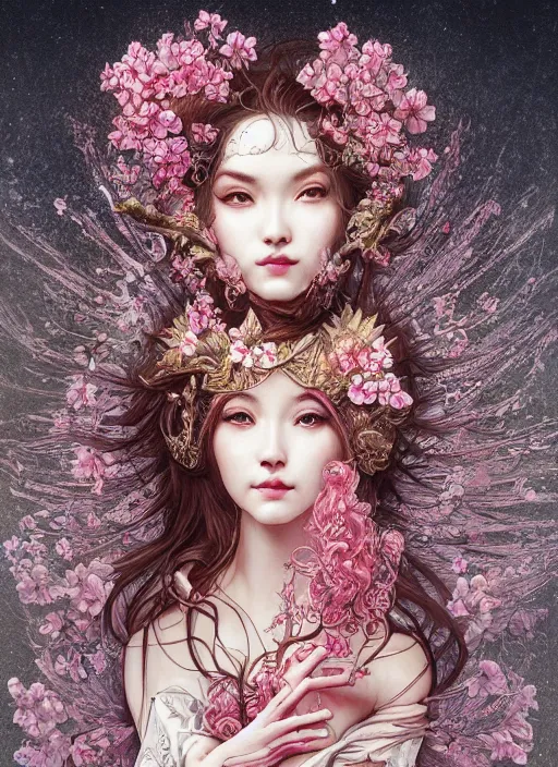 Image similar to a photographic portrait of a anthropomorphic cherry - blossom goddess spirit, fantasy, tarot esoteric, intricate, elegant, highly detailed, digital painting, artstation, concept art, smooth, sharp focus, illustration, art by artgerm and h r giger and alphonse mucha