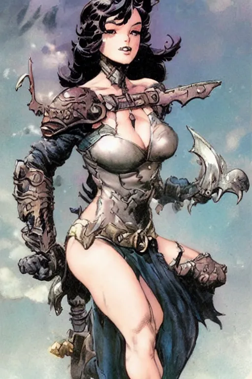 Prompt: a cute fantasy woman by frank frazetta and ross tran