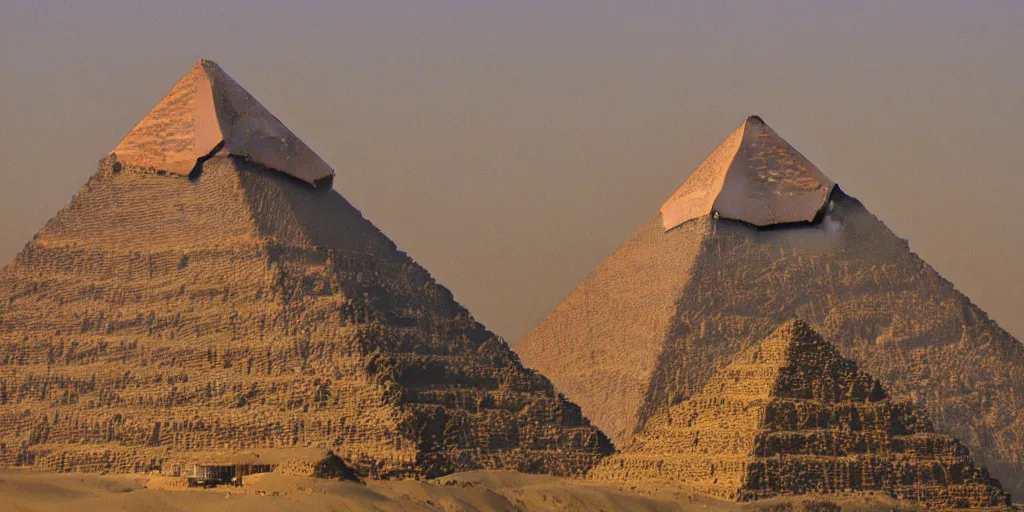 Image similar to A giant mountain in an areal shot of ancient egypt in front of the Pyramids